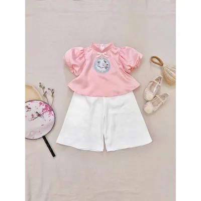 Mom Baby cute sleeveless ruffles collar shirt with silk pants newborn infant three year old kids clothes-happy life 4U