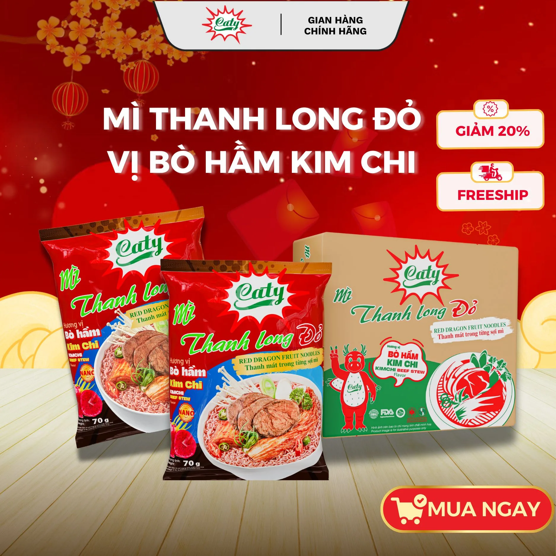 Mì Thanh Long Đỏ Caty Vị Bò Hầm Kim Chi 70g