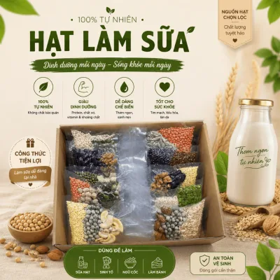 Set Hạt Nấu Sữa Mix Sẵn Các Loại Hạt Hữu Cơ Dùng Tiện Lợi Mỗi Ngày, Hạt Sạch, Date Mới