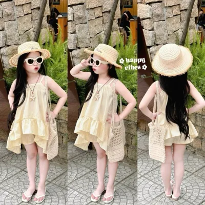 A1 -Sét bộ đũi 2 dây phối bèo rủ xinh xắn cho bé gái diện hè , đi chơi , đi biển. cá tính mềm mát