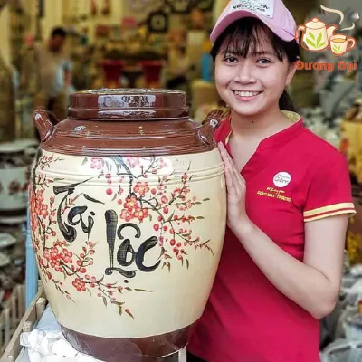Hũ sành sứ đựng gạo, Chum ngâm rươ.u chứa thực phẩm khô tráng men có quai vẽ hoa đào Gốm Sứ Bát Tràng Đương Đại