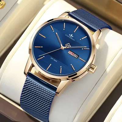Đồng hồ nam CRNAIRA Fourron728 chạy 2 lịch dây thép mành kim dạ quang thiết kế sang trọng và lịch lãm