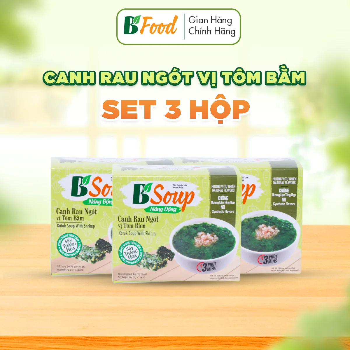 3 hộp/ 15 viên canh ăn liền Rau Ngót vị Tôm Bằm, sấy thăng hoa, thực phẩm tiện lợi nhanh chóng, B' Soup
