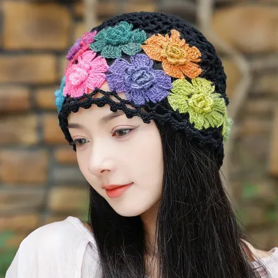 【ZNBY】Mũ Mũ nồi Đan Ren cho nữ-mũ len Beanie openwork thoáng khí với thêu hoa đầy màu sắc đồ len móc thủ công Mũ nghệ sĩ cho mùa xuân/Thu