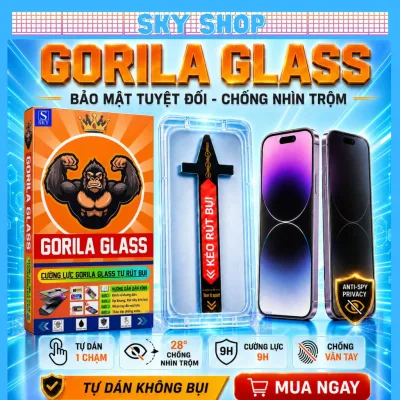Kính GORILA GLASS Chống Nhìn Trộm Cho cường lực iPhone 11-17 Pro Max, Khung Tự Dán Tự Rút Bụi