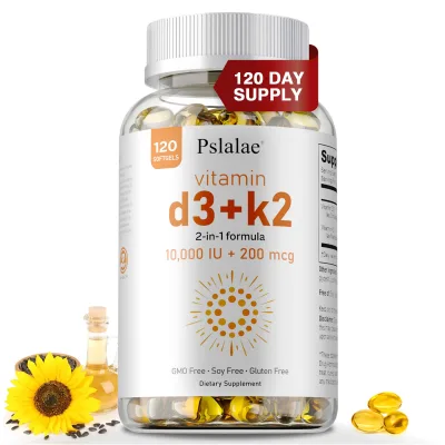 Pslalae Vitamin K2 with Vitamin D3, Non-GMO, Easy-to-Swallow Vitamin D3 and K2, Made in the USA, 120 Capsules