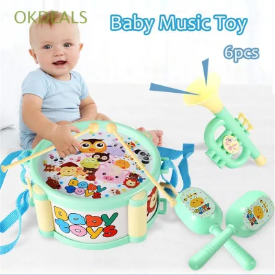 Bộ đồ chơi nhạc cụ 6 món cho bé gồm 1 trống 2 dùi trống 2 trống lắc và kèn vui nhộn cho bé