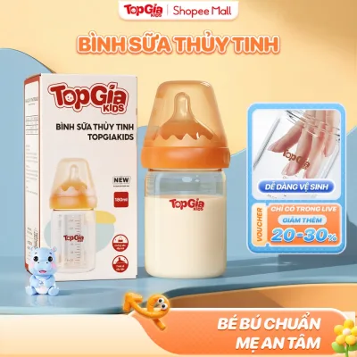 Bình sữa Topgiakids thủy tinh 180ml cao cấp núm ti silicone siêu mềm có van chống sặc giảm đầy hơi