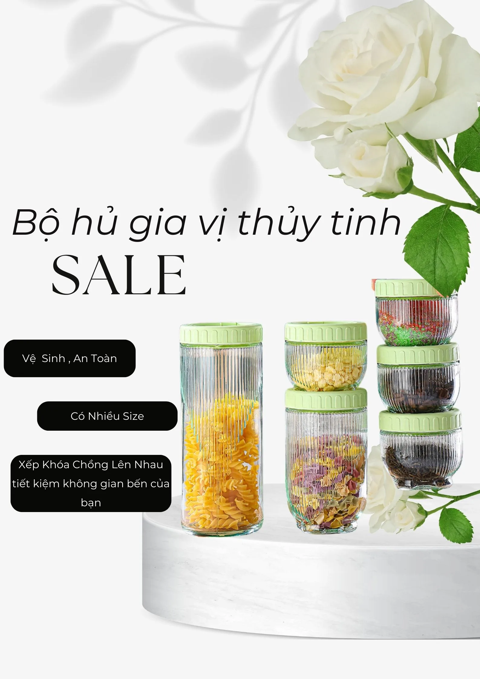 Bộ 6 Hũ Thủy Tinh Bảo Quản Thủy Tinh Chống Ẩm Gia Vị, Ngũ Cốc, Trái Cây Sấy Khô, Xếp Chồng Linh Hoạt