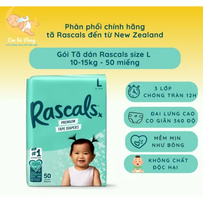 Tã bỉm dán size L (10-15kg) - 50 miếng, bỉm tã dán Rascals thấm hút 12h, chống tràn, không hóa chất