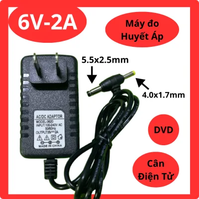 Nguồn Adapter 6V - 2A, 2 đầu Jack ( 5.5x2.5mm 4.0x1.7mm ) Cho Máy Đo Huyết Áp, DVD, Thiết Bị Điện Tử