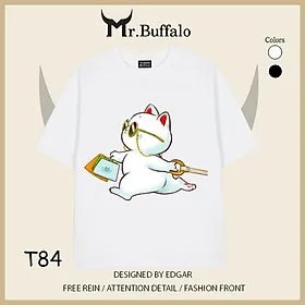 Áo đôi tay lỡ unisex Mèo dễ thương mèo trắng kéo mèo vàng cho cặp đôi Mr.Buffalo - T84 Áo Trắng