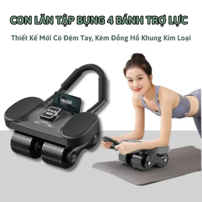 Bộ Con Lăn Tập Bụng Trợ Lực 4 Bánh Chống Đổ. giảm mỡ bụng eo thon, tặng Đồng Hồ đếm gi, lót gối chân