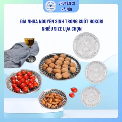 Đĩa nhựa nguyên sinh trong suốt Hokori, đĩa đựng bánh kẹo, hoa quả, đồ ăn vặt, đĩa decor họa tiết kim cương sang tr