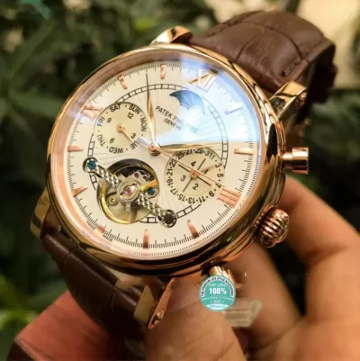 Đồng hồ Nam Patek 3 nút máy nhật, mặt trắng viền vàng, dòng cơ Automatic size 41mm + SHOP SỈ PATEK seiko orient