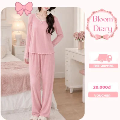 Set Mặc Nhà Nữ Áo Tay Dài Viền Ren Và Quần Dài Chất Thun Gân Cotton Mềm Mịn, Bộ Đồ Ngủ Nữ Thu Đông Dễ Thương -BD019