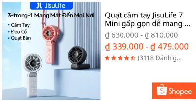 Quạt cầm tay JisuLife 7 Mini gấp gọn dễ mang gió mạnh pin 46H quạt đeo cổ quạt bàn êm cho học sinh văn phòng ngoài trời