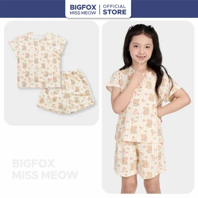 Bigfox Miss Meow Baby Girl Summer Home Wear Set in Cotton Fabric with Floral Bear Print, Large Size for Children 3-11 Years Old