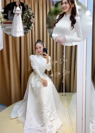 Áo dài trắng tay phồng đính hoa vải