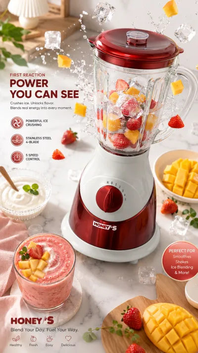 Honey's Blender - H501P-500W - 1.6L - Powerful Motor - Super Durable - 5 Speeds, Safe, High-Quality Glass Blender, High-Strength, Easy to Clean, 12-Month Warranty