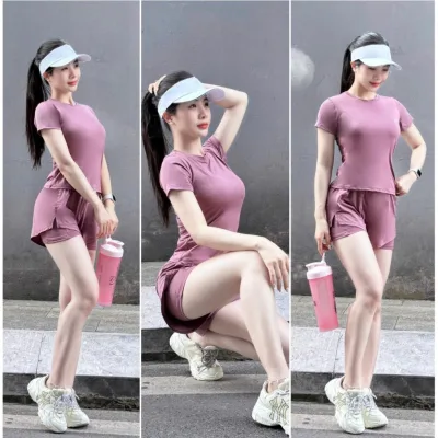 Bộ Tập Gym Nữ, Quần Áo Tập Gym Yoga Aerobic Pickleball Chạy Bộ Đạp Xe Nữ Áo Cộc Tay Quần Đùi 2 Lớp(Ng18)
