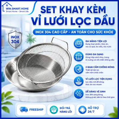 Set Khay Kèm Đĩa, Vỉ Lưới Lọc Dầu Chất Liệu INOX 304 Cao Cấp, Đựng Ráo Dầu Thức Ăn Chiên Rán Lọc Dầu