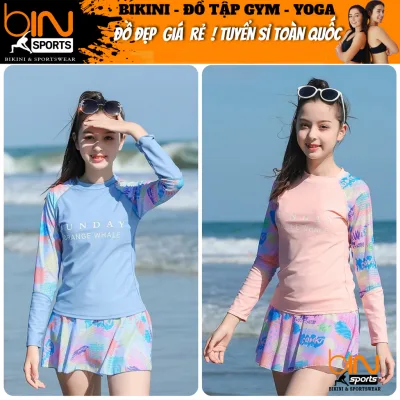 Đồ bơi bé gái 2 mảnh áo tay dài quần đùi váy họa tiết nhiều màu dễ thương chất liệu thun lạnh BINSPORTS BB047