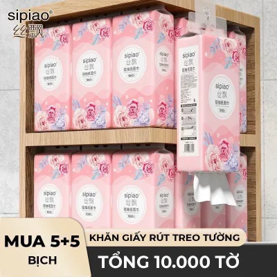 Thùng 10 Bịch Giấy Treo Đa Năng SIPIAO Hoa Hồng, Khăn Rút Treo Trường 4 Lớp mỗi bịch 1000 tờ dai mềm