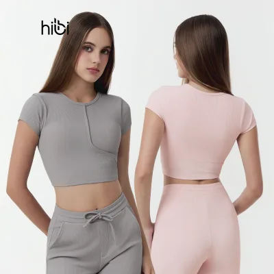 Yoga Gym Luxury Hibi Sports Cr852 Crop Top with Round Neck and Stitching, High-Quality Rib Fabric, and Padded Chest.