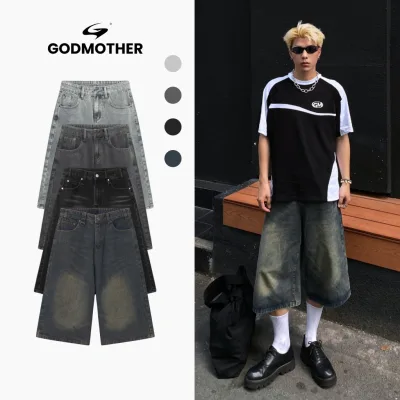 Quần Wide Leg Short Jeans GODMOTHER Nam Ống Rộng, Quần Jeans Short Lửng Phong Cách Cá Tính