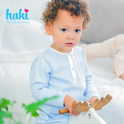 Bộ quần áo thu đông dài tay cổ trụ cách điệu Melange Cotton cao cấp HAKI cho bé sơ sinh tới 3 tuổi BC002 (6-15kg); bộ quần áo mặc nhà cho bé trai bé gái, hàng Việt Nam xuất khẩu