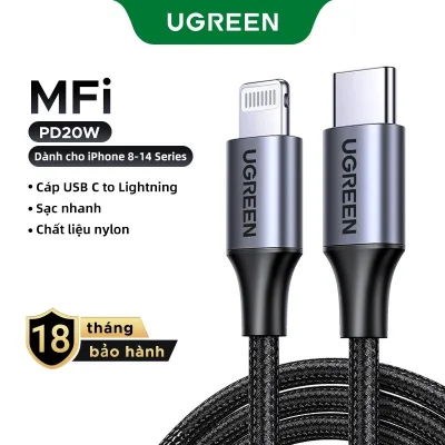 [Cho iPhone 8 -14 MFi] Cáp Sạc Nhanh UGREEN Nylon Dù USB-C to Lightning | Đạt chứng nhận MFi Apple | Chắn chắc - US304-cho iPhone 11 12 13 14/ iPad Pro Air/ Air Pod Pro