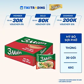 Thùng 30 Gói Mì 3 Miền Bò Sợi Phở 65g