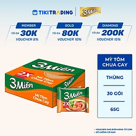 Thùng 30 Gói Mì 3 Miền Tôm Chua Cay 65g