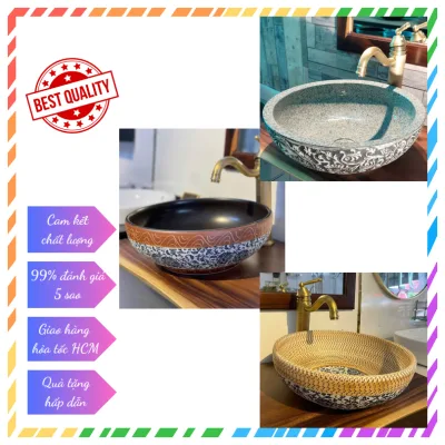Chậu rửa mặt, lavabo đất nung nghệ thuật đặt bàn PHIÊN BẢN GIỚI HẠN LV015, BẢO HÀNH MEN SỨ 20 NĂM - Kiểu tròn hoa văn cổ