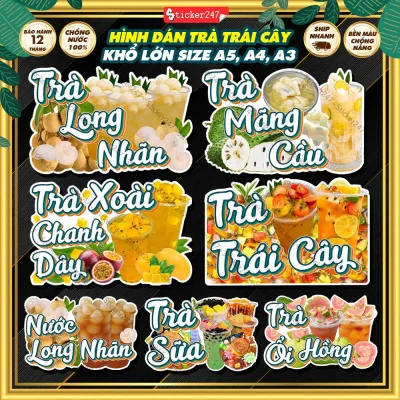 Decal Các Loại Trà Trái Cây, Trà Sữa Vintage 🌈𝑭𝒓𝒆𝒆𝒔𝒉𝒊𝒑 Hình Dán/Ép Plastic Trà Đào, Trà Tắc Dán/Treo/Kẹp Trang Trí Quán