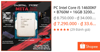 PC Intel Core i5 14600KF + B760M + 16GB 3200Mhz Bộ PC lắp ráp MITA BUDGET CPU i5 14600fKF New Tray bảo hành 36T