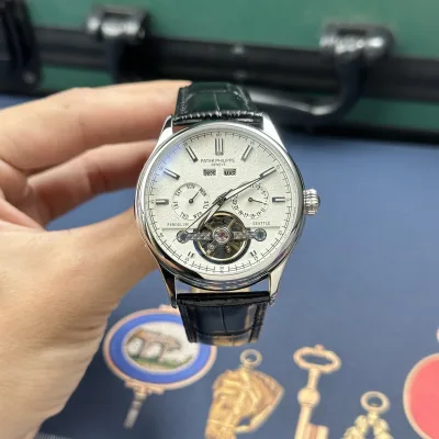 Pt Men's Watch with High-End Skeleton Movement, Leather Strap, 2 Calendars, 5 Hands, Automatic Japanese Movement, Size 41 mm + Warranty Card