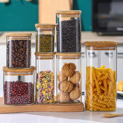 Square glass jar 210-1950ml wood lid square glass jar for food, dry goods, cereal