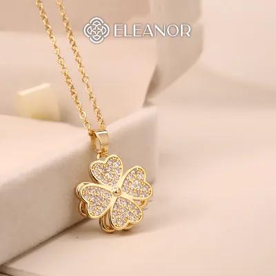 Dây chuyền nữ titan Eleanor Accessories vòng cổ đính đá mặt hình cỏ bốn lá phụ kiện trang sức 5887