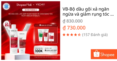 VB-Bộ dầu gội xả ngăn ngừa và giảm rụng tóc Vichy Dercos Energy+ Shampoo Hairloss 200ml giúp tóc chắc khỏe và dày dặn