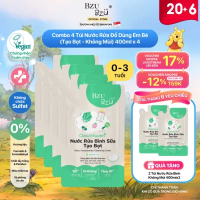 Combo 4 Túi Nước Rửa Bình Sữa, Rau Củ, Đồ Dùng Em Bé Thuần Chay BZU BZU Cleansing Foam Tạo Bọt 400ml