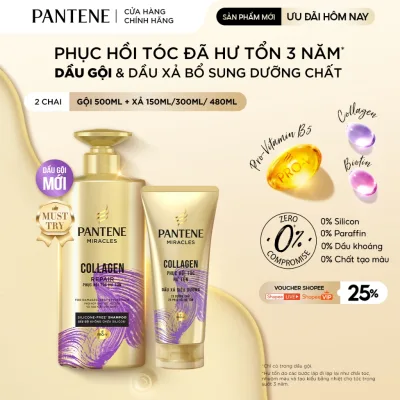 Combo Gội+Xả PANTENE MIRACLES-Gội 0% Silicone & Xả Siêu Dưỡng Bổ Sung Dưỡng Chất Cho Tóc 500ML+480ML/300ML/150ML