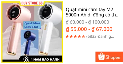 Quạt mini cầm tay M2 5000mAh di động có thể sạc gió mạnh 100 tốc độ turbo phản lực màn hình hiển thị pin tặng dây đeo
