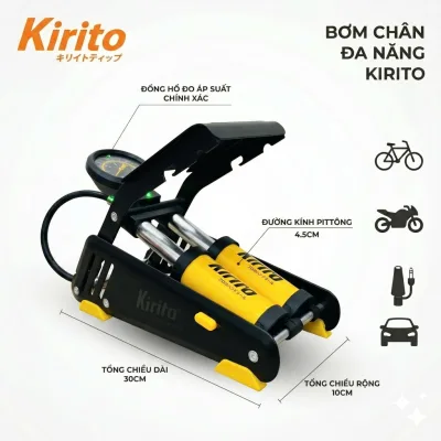 Bơm Xe KIRITO Cao Cấp 2 Ống 3 Ống – Bơm Xe Đạp Xe Máy Ô Tô, Bơm Bóng Đệm Hơi, Khung Thép Bền