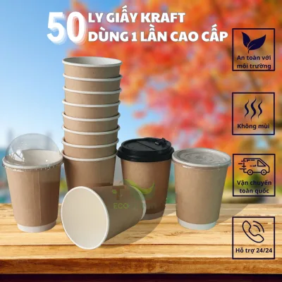 Combo 50 LY/CỐC Giấy Kraft Dùng Một Lần Kèm Nắp Dùng Để Đựng Trà, Coffe Nóng, Lạnh, Chống Bỏng - T2Ecogreen