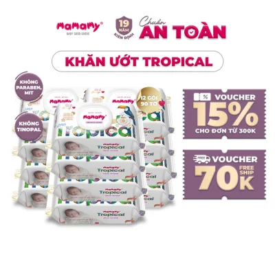 Khăn ướt cao cấp cho bé Mamamy Tropical gói 90 tờ 100% sợi tự nhiên và rayon ngừa hăm, mềm dai sạch cực