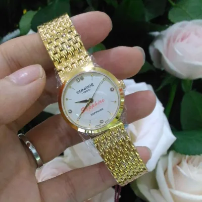 Đồng hồ nữ SUNRISE 9965SA dây vàng mặt trắng siêu mỏng , kính sapphire chống xước, chống nước tốt.