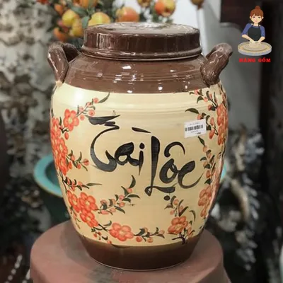 Hũ sành sứ đựng gạo, Chum ngâm rươ.u chứa thực phẩm khô tráng men có quai vẽ hoa đào Nàng Gốm Bát Tràng