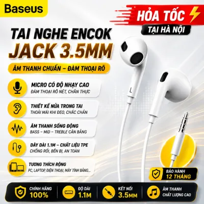 Tai nghe 3.5mm Baseus, âm thanh sống động, TPE chống rối, thiết kế thông minh, cao cấp, thoải mái.